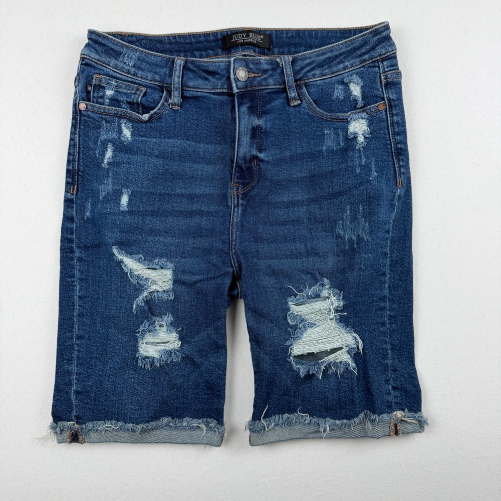 Judy Blue Los Angeles Distressed Bermuda Denim Shorts Medium Wash Blue Large